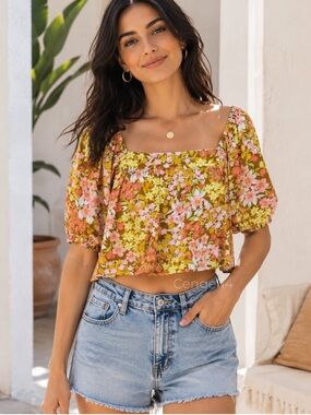 Billabong Beach Daze Floral Puff Sleeve Crop Top NWT Medium